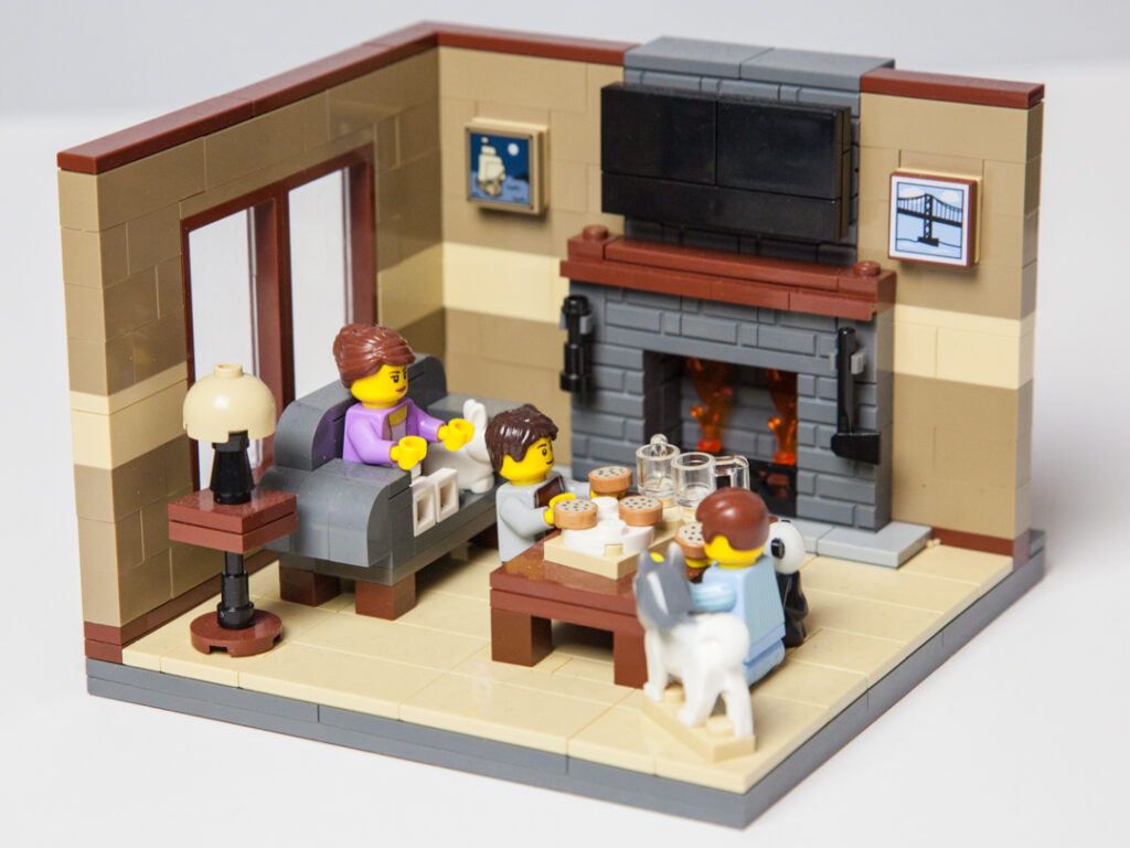 Cozy fireplace Lego scene by Door County Bricks