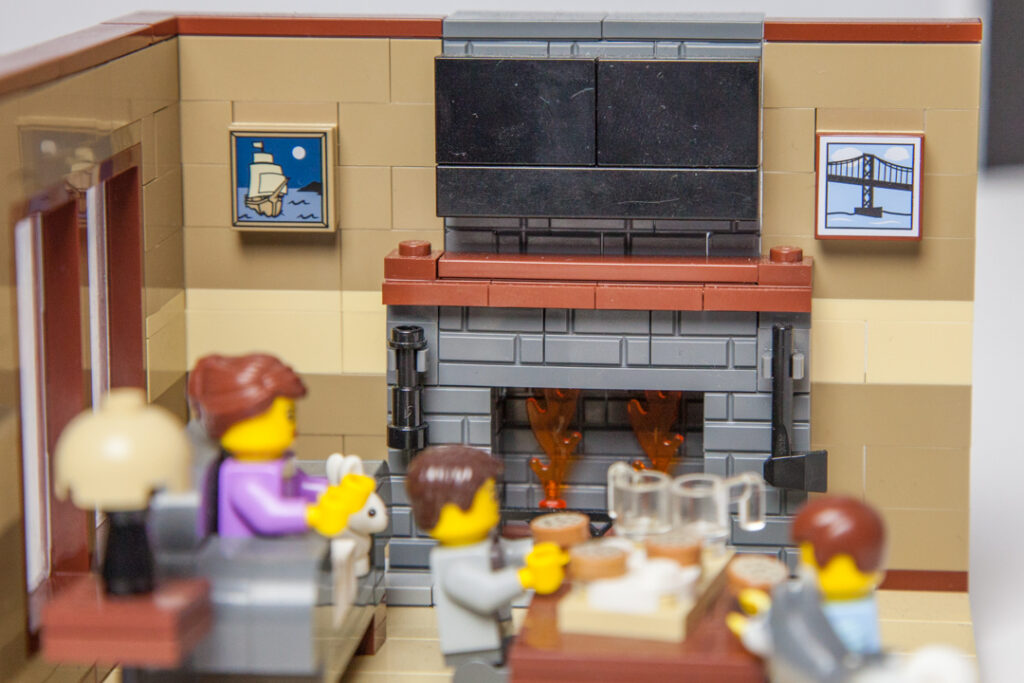 Cozy fireplace Lego scene by Door County Bricks